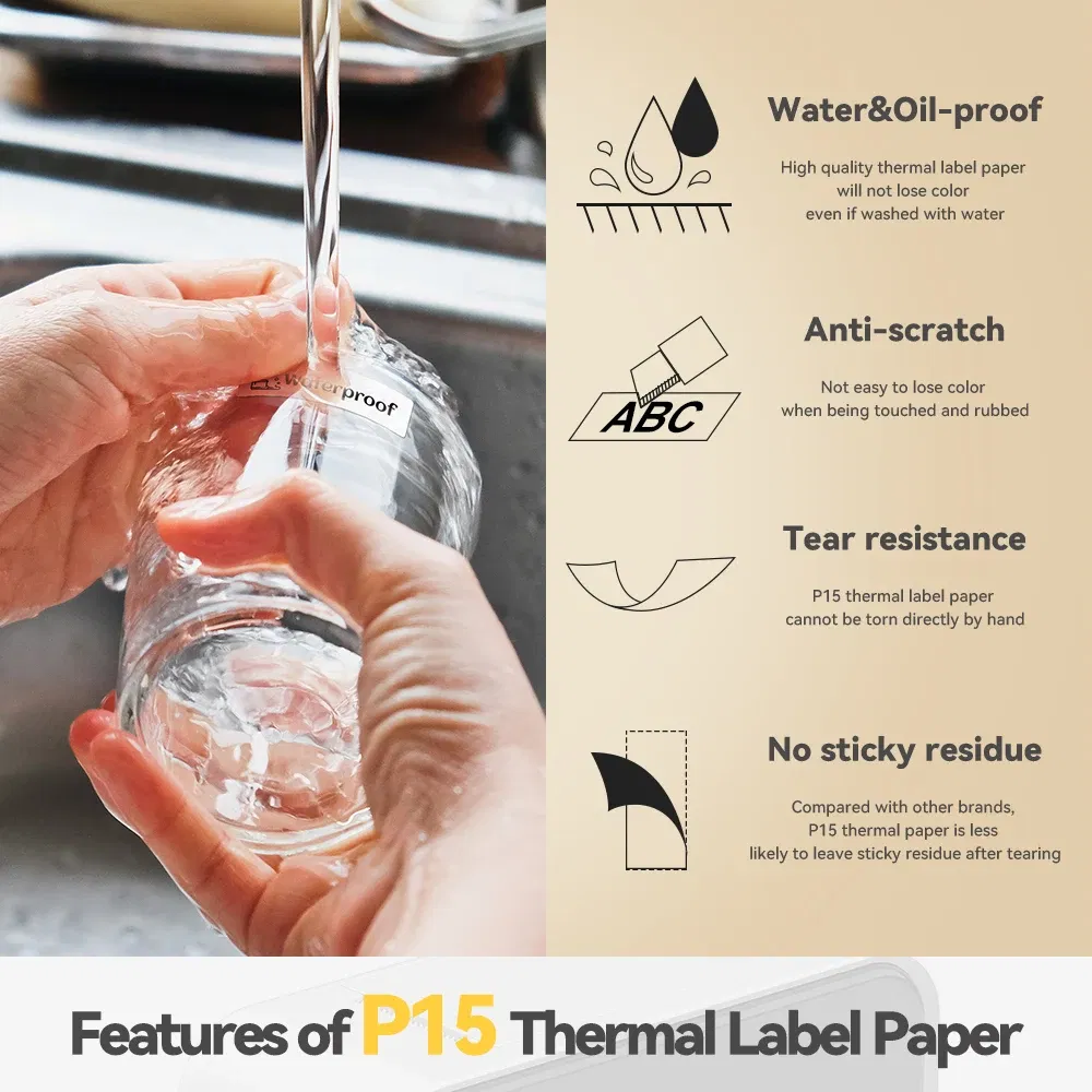Color: K - 3pcs 15mm x7m Continuous Label Paper fit for P12 P15 Phomemo D30 Q30 Printer Waterproof Self Adhesive Thermal Printer Sticker