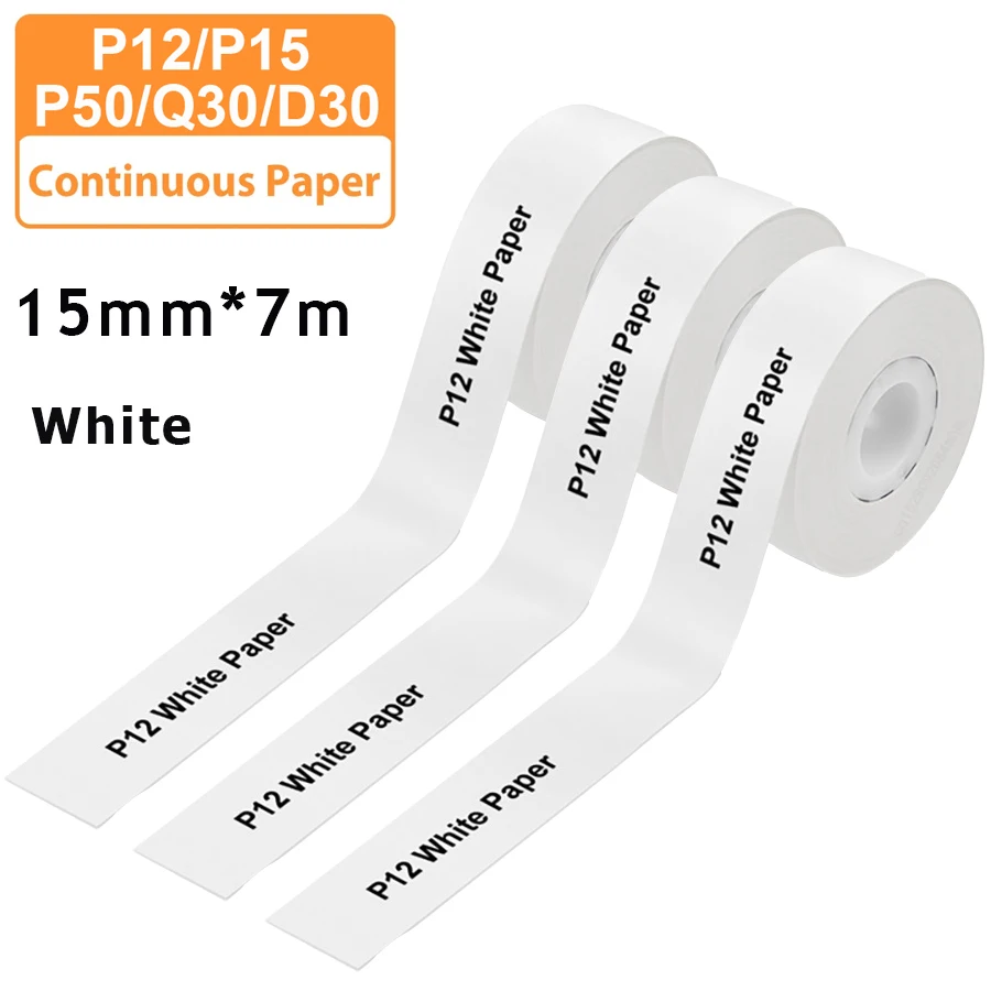 Color: K - 3pcs 15mm x7m Continuous Label Paper fit for P12 P15 Phomemo D30 Q30 Printer Waterproof Self Adhesive Thermal Printer Sticker