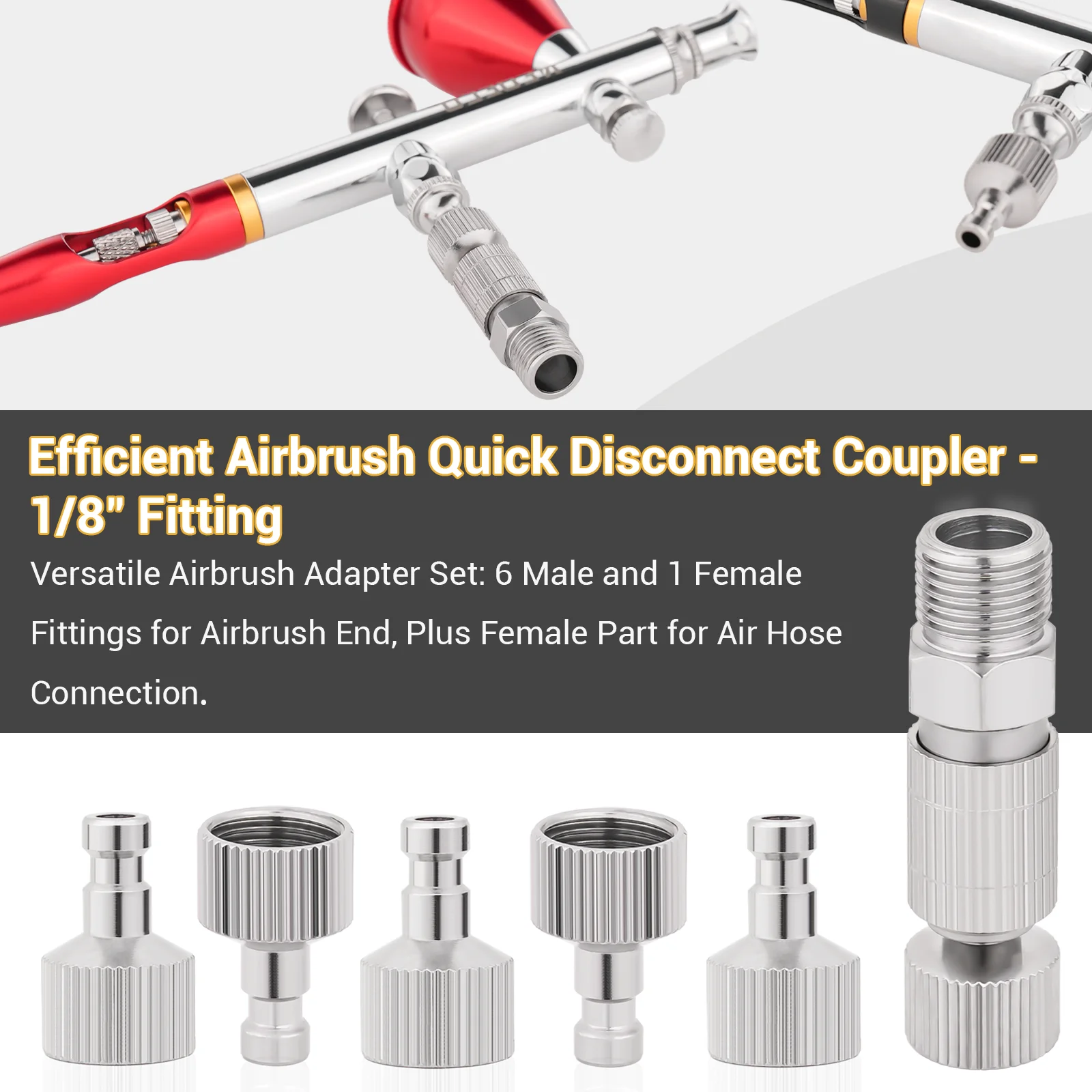 Color: Silver - Airbrush Quick Disconnect Coupler Release Fitting Plug, 6pcs 1/8 in BSP Male and Female Connections Adapter Air Brush Accessory