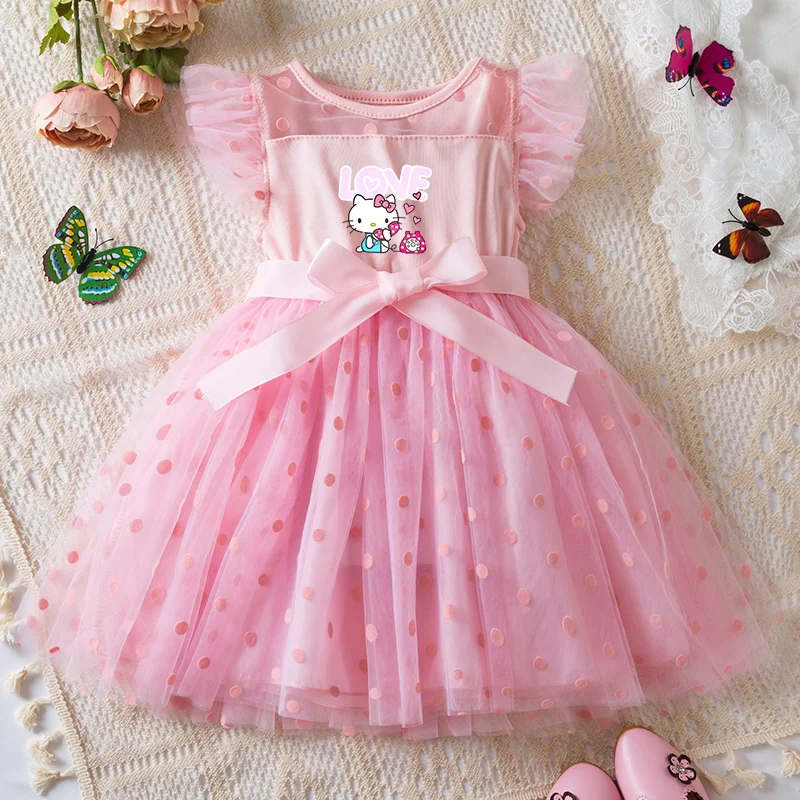Color: Pink, Size: S - Hello Kitty 2-6Y Baby Girl Dress Princess Mesh Skirt Summer Sleeveless Wedding Party Dresses for Girls Summer