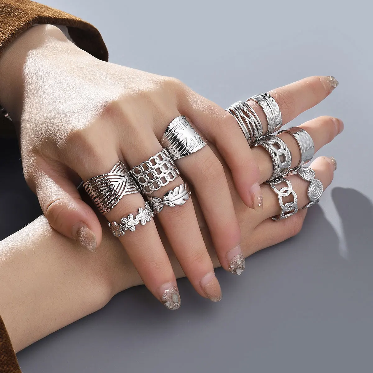 Main Stone Color: Silver, Ring Size: resizable - Never Fade Stainless Steel Flower Woven Star Rings Boho Women Jewelry Fashion Ring Adjustable Size Birthday Gifts Top Quality