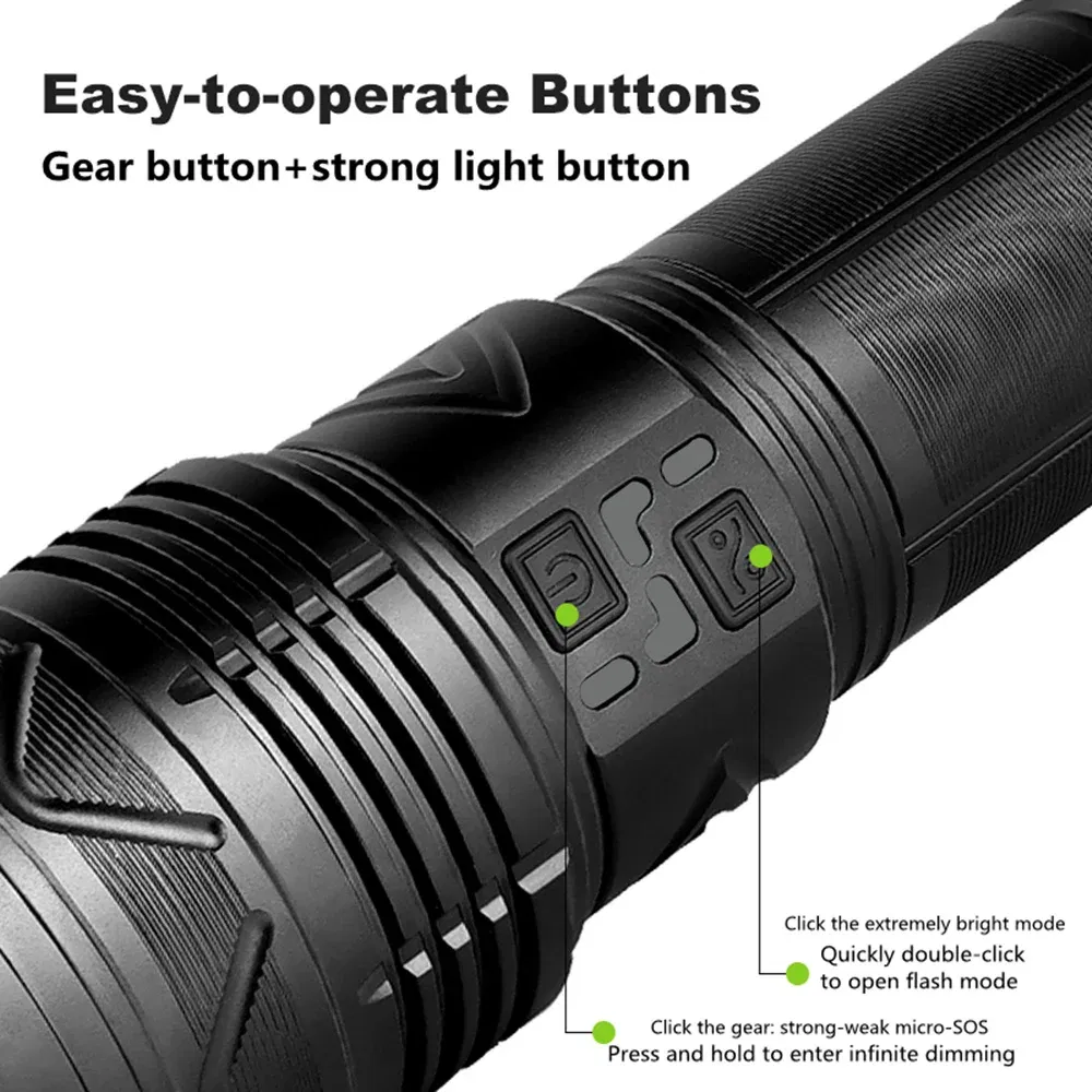 High Power Tactical Rechargeable led flashlight long range very powerful Lantern 100W usb charging lamp Torch with indicator