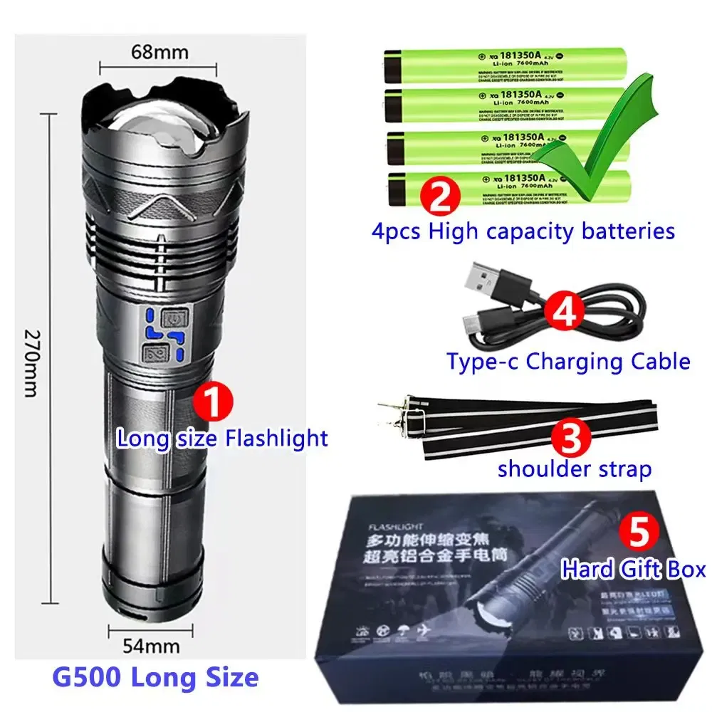 High Power Tactical Rechargeable led flashlight long range very powerful Lantern 100W usb charging lamp Torch with indicator