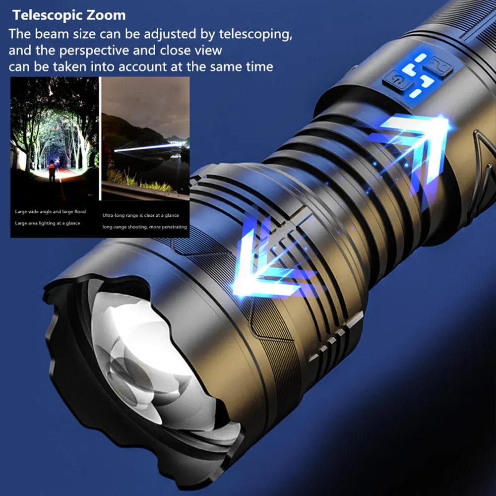 High Power Tactical Rechargeable led flashlight long range very powerful Lantern 100W usb charging lamp Torch with indicator
