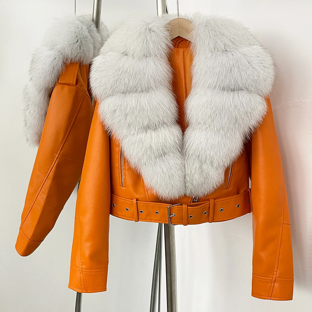 Color: Dark Grey, Size: M - Fake Leather Coat New Natural Fox Fur Autumn Short Faux Leather Jacket Female Spring PU Women Long Sleeve Real Fur Coat Thin