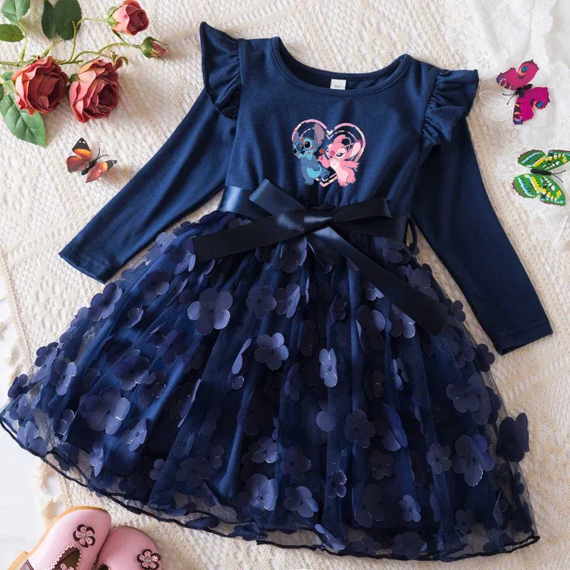 Color: Chocolate, Size: One Size, Height: 164 - Lilo Stitch Girl Baby Dresses Spring Autumn Child Long Sleeve Sweet Princess Dress Mesh Newborn Casual Dress Birthday Party 2-6Y