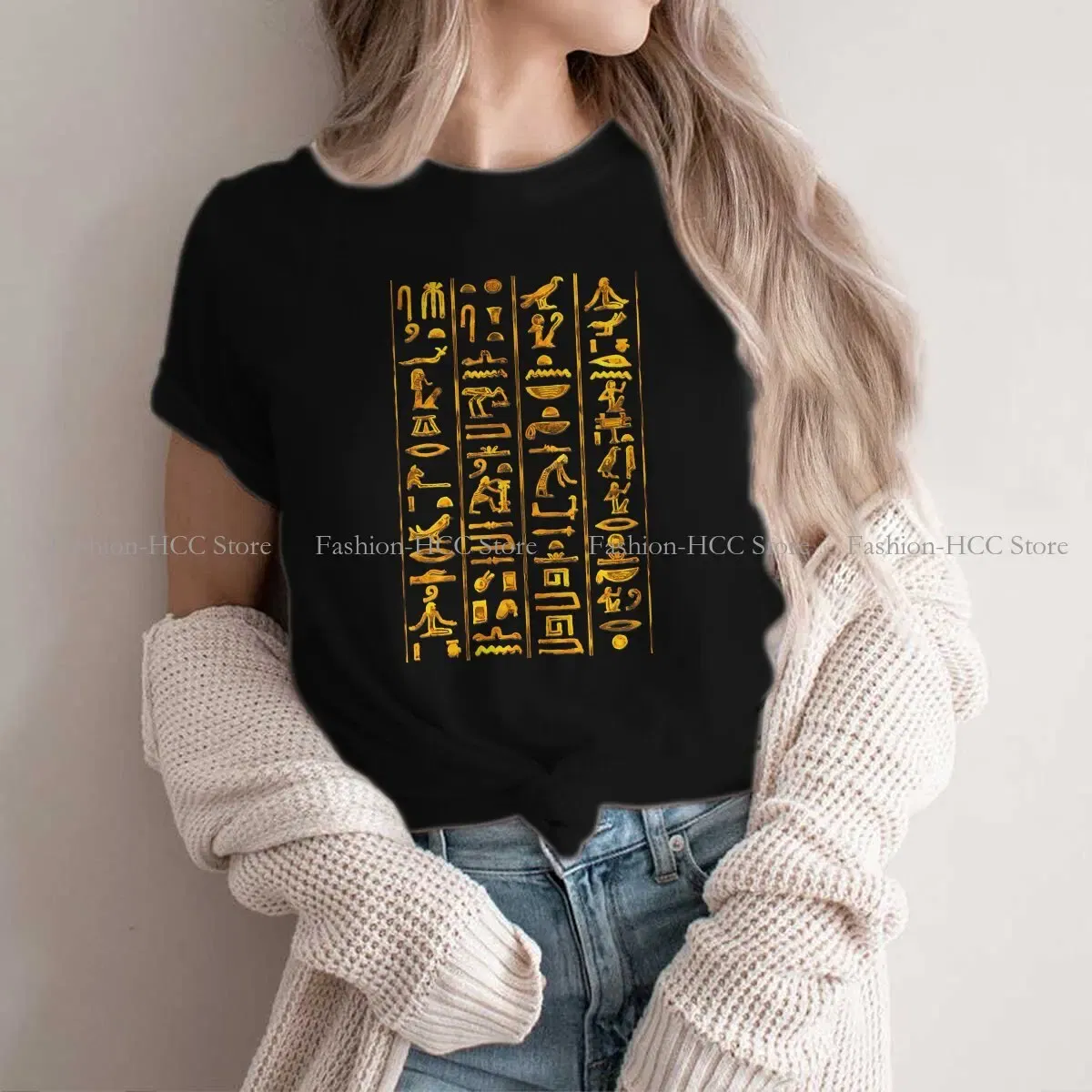 Color: black, Size: M - Ancient Egypt Culture Polyester TShirts Hieroglyphs Gold On Black Distinctive Women's T Shirt Funny Tops