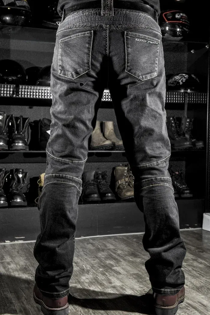 Color: Brown, Size: 4XL - Mens Black Biker Jeans Motocycle Denim Pants Male Stretch Original Trousers Off-road Pants Protection Clothing 4xl Plus Size