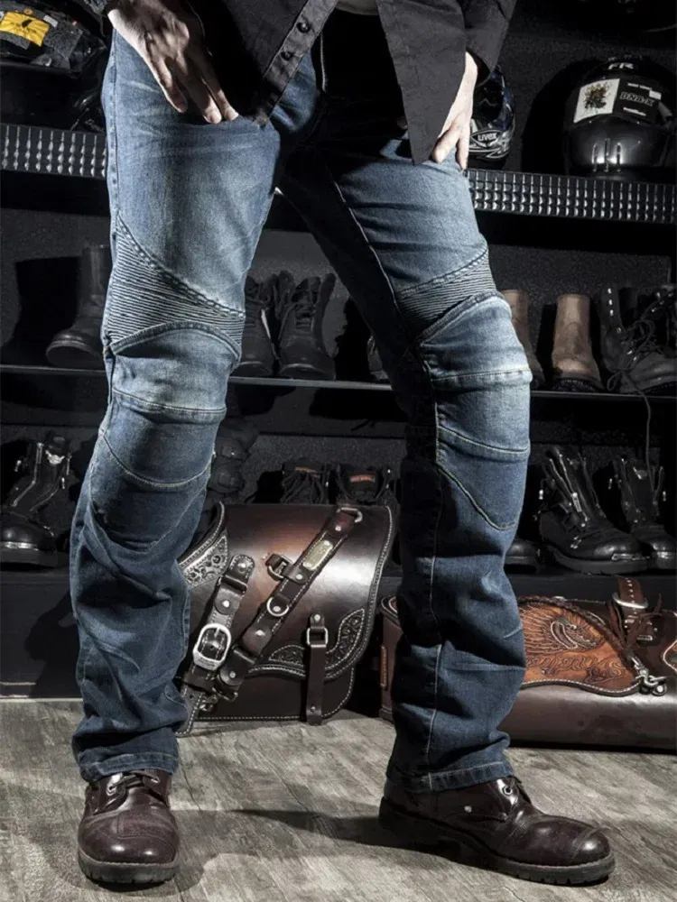 Color: Brown, Size: 4XL - Mens Black Biker Jeans Motocycle Denim Pants Male Stretch Original Trousers Off-road Pants Protection Clothing 4xl Plus Size
