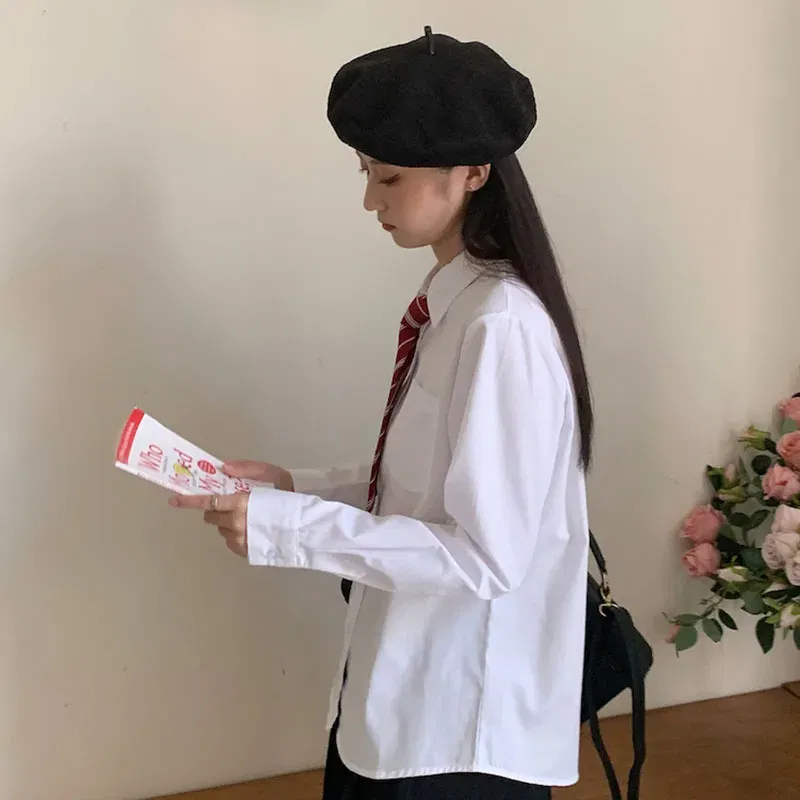 Color: WHITE, Size: L - MEXZT Japanese Women Solid White Shirts Spring Jk Preppy Style Long Sleeve Student Blouse Fashion Button Female Pocket Tops New
