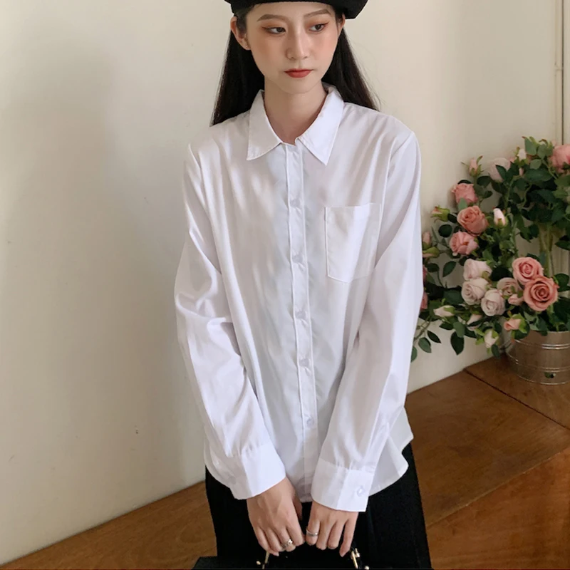 Color: WHITE, Size: L - MEXZT Japanese Women Solid White Shirts Spring Jk Preppy Style Long Sleeve Student Blouse Fashion Button Female Pocket Tops New
