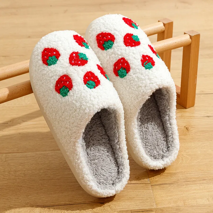 Color: Red, Shoe Size: 3.5 - Cute Avocado Women Slippers Winter Warm Indoor Fruit Cartoon Funny Soft Non-slip Slipper Cherry Strawberry Comfy Cotton Shoes