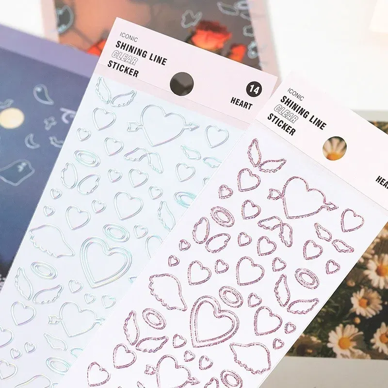 Color: Red - 1 Sheet Transparent Flash Laser Line Stickers Decorative Stationery DIY Scrapbooking Material Pvc Stickers Cute Album Stick