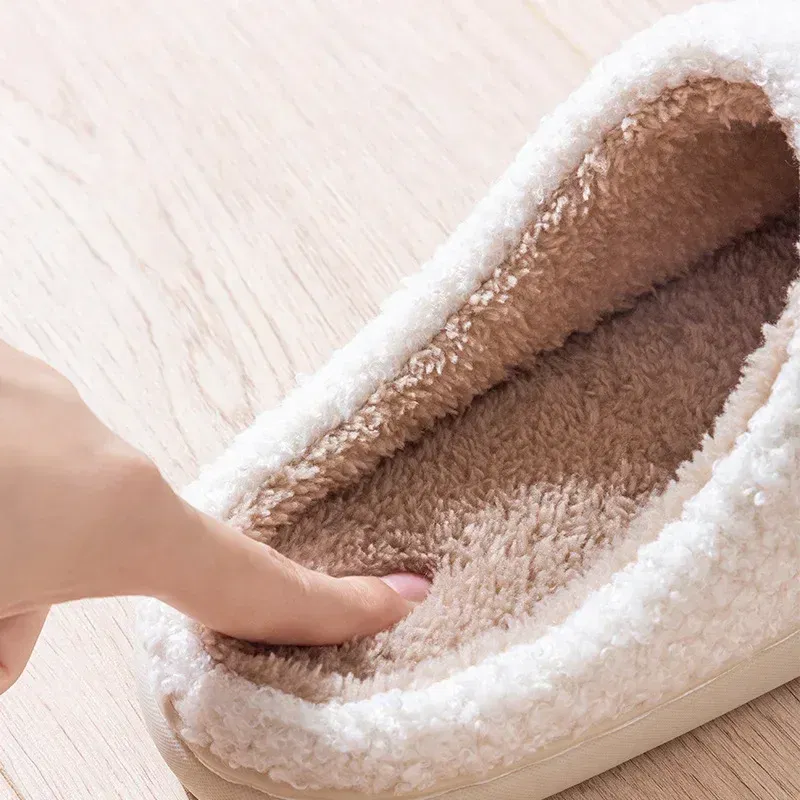 Color: Beige, Shoe Size: 38-39 - Women Rainbow Slippers Men Retro Preppy Slippers Winter Warm Plush House Fluffy Living Room Shoes Female New Christmas Gifts
