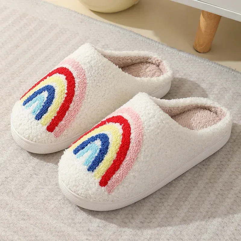 Color: Beige, Shoe Size: 38-39 - Women Rainbow Slippers Men Retro Preppy Slippers Winter Warm Plush House Fluffy Living Room Shoes Female New Christmas Gifts