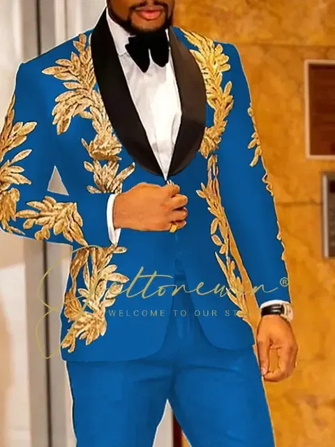 Color: Blue, Size: 4XL - Luxury Groom Wedding Tuxedos Gold Sequins Appliques Black Men Suits Slim Fit Costume Homme Marriage Prom Suits
