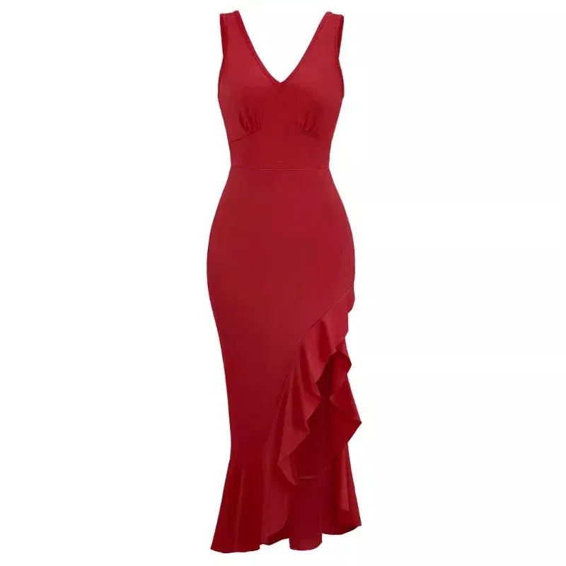 Color: Burgundy, Size: S - Women Dress Long Dresses Sexy V Neck Ruffles Sleeveless Maxi Casual Elegant Bodycon Party Beach Night High Waist Sling Vestidos