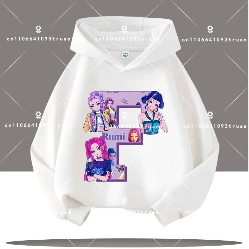 Color: Gold, Kid Size: 7 - K-pop Demon Hunters Letter A-Z 3-12 Year Old Children Hooded Sweatshirt Girls' Casual Shirt Boys' Sports Shirt Cartoon Print