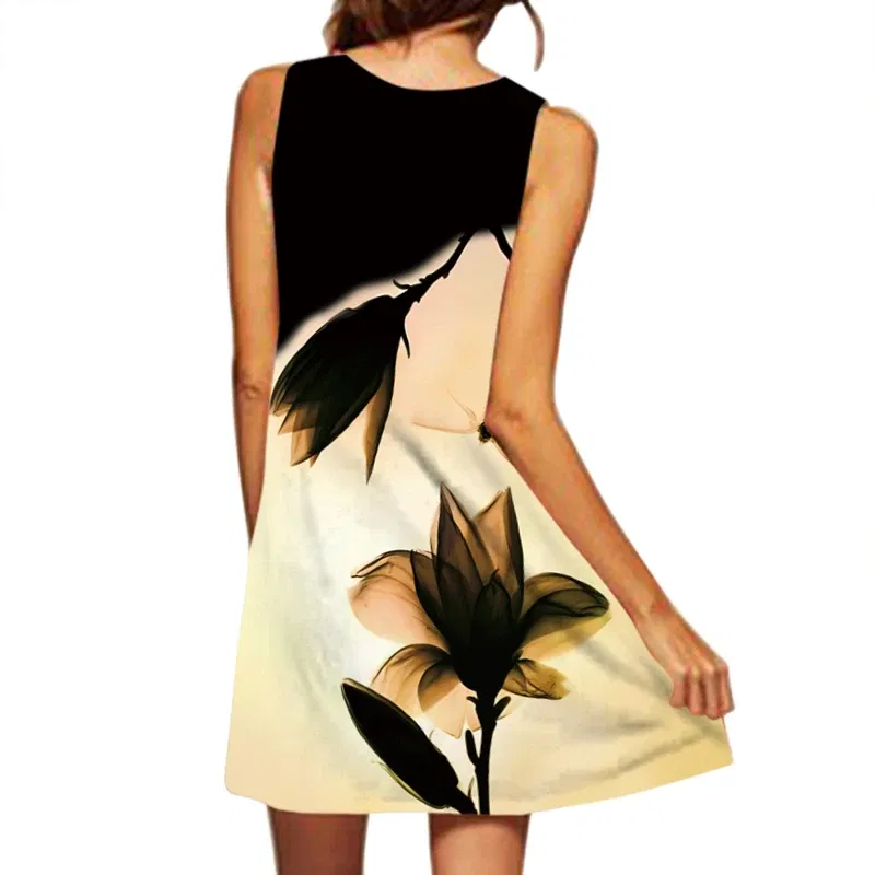 Size: L, Color: MULTI - 2024 European and American Cross-border WOMEN'S Clothing New Dress V-neck Sleeveless Sexy Printed Large Hem Medium Length Dress