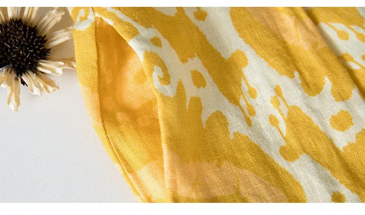 Size: L - Printed Loose Linen Wide Leg Pants Women's Nine-Point Pants Elastic Waist Casual Versatile Culottes Yellow