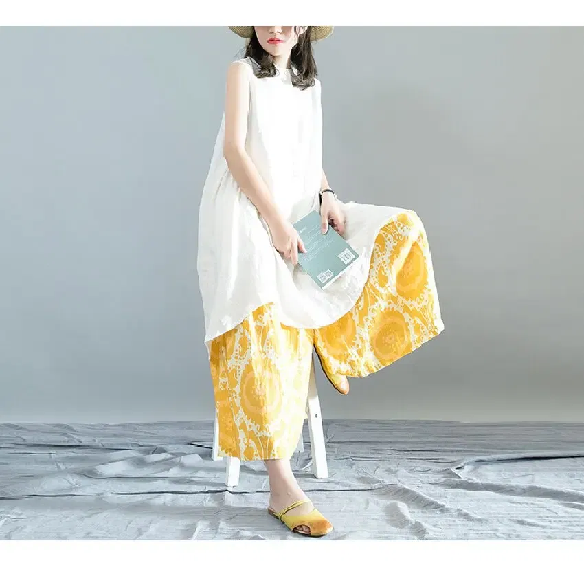 Size: L - Printed Loose Linen Wide Leg Pants Women's Nine-Point Pants Elastic Waist Casual Versatile Culottes Yellow