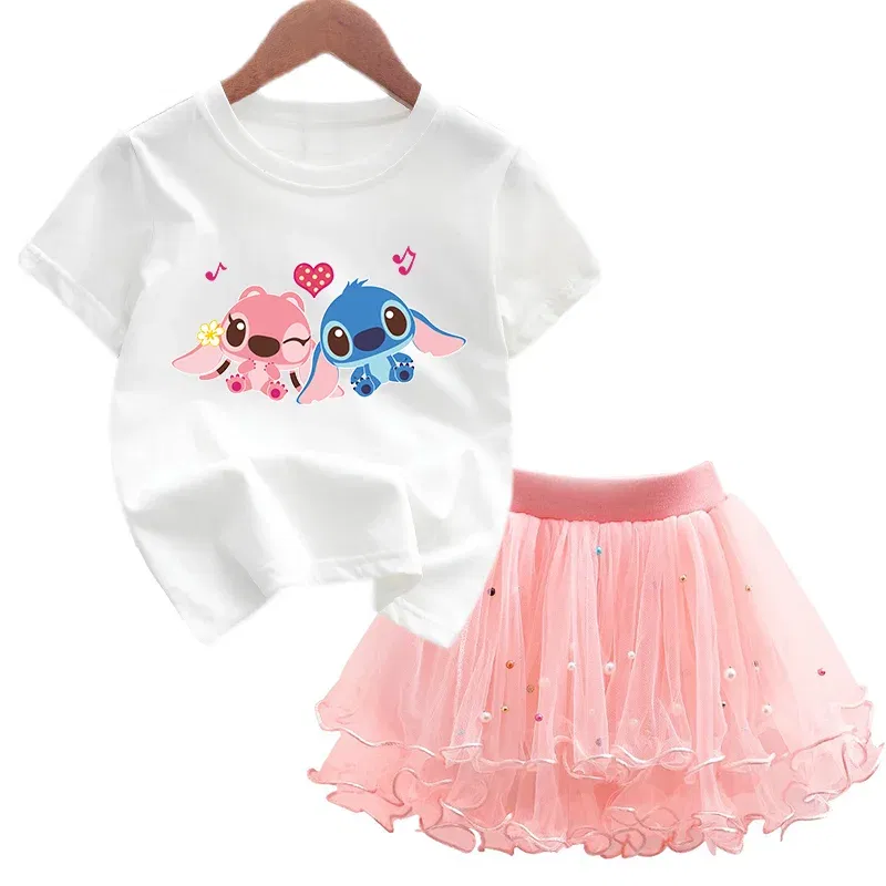 Color: Dark Grey, Kid Size: 2T - 2pcs Lilo Stitch Summer Girls Outfits Cartoon T-shirt and Tutu Skirt Princess Clothes Suit Children Birthday Clothing Sets