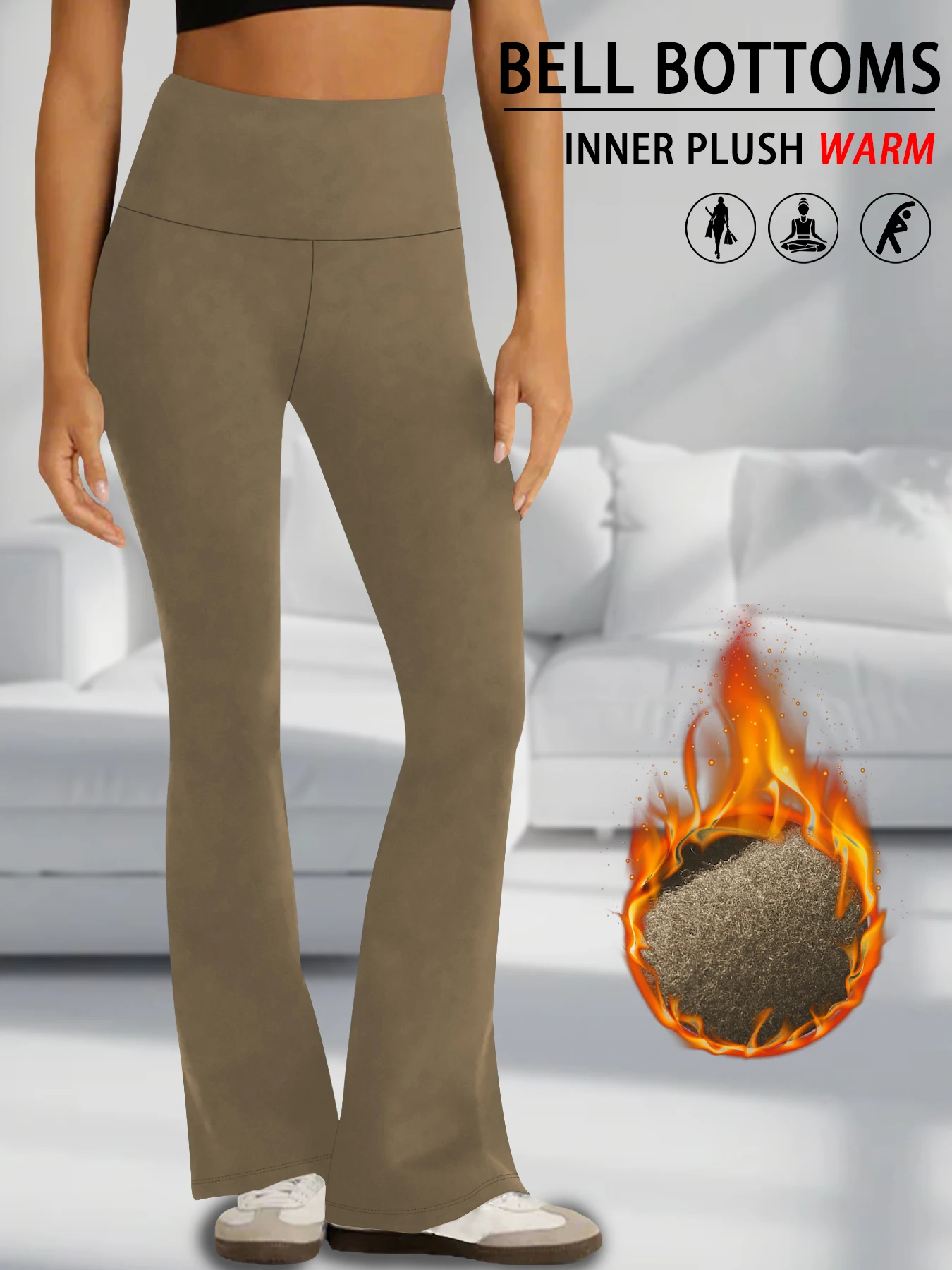 Color: Brown, Size: L - Women's Super Soft High Waisted Fleece Flare Leggings Tummy Control Soft Bootleg Bootcut Pants
