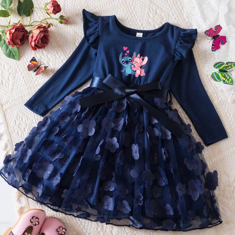 Color: Dark Green, Size: One Size, Height: 158 - Lilo Stitch Girl Baby Dresses Spring Autumn Child Long Sleeve Sweet Princess Dress Mesh Newborn Casual Dress Birthday Party 2-6Y