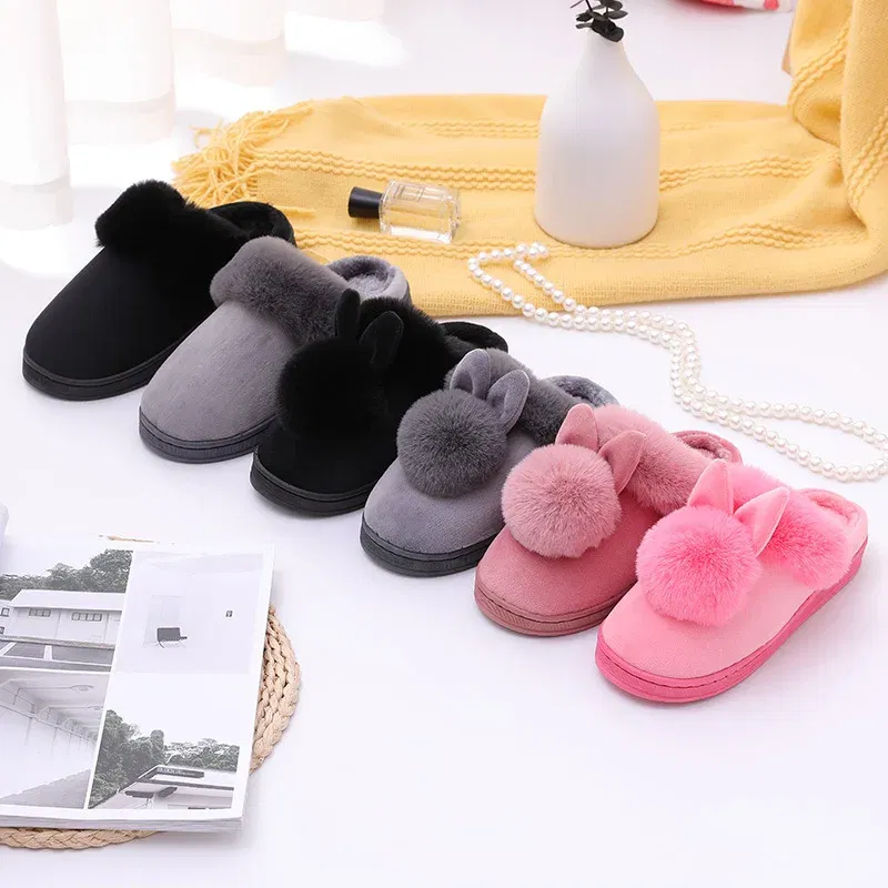 Color: Peacock Green, Shoe Size: 34 - 2023 Autumn Winter Women Men Cotton Slippers Rabbit Ear Home Indoor Home Slides Warm Shoes Women'S Cute Plus Plush Slippers