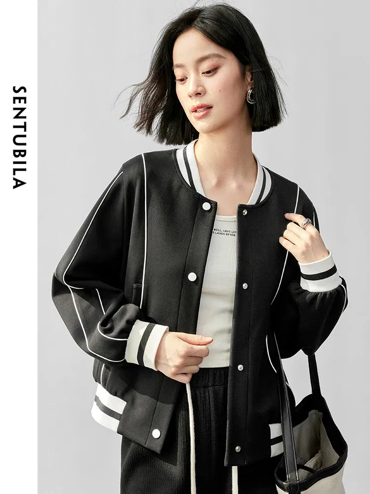 SENTUBILA Women Sporty Cotton Baseball Jackets   2024 Autumn Casual Loose Patchwork Single Breasted  Coat 143W55948