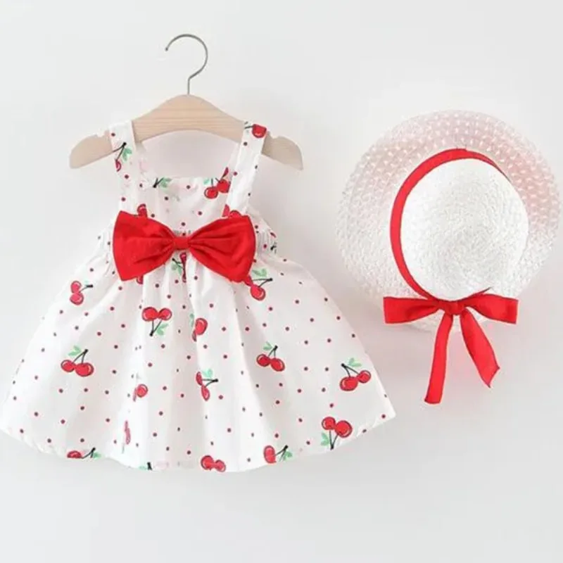 Color: Pink, Kid Size: 3T - 1Pc Kids Girl Summer Sleeveless Dress Cute Print Bow Casual Dress with Straw Hat