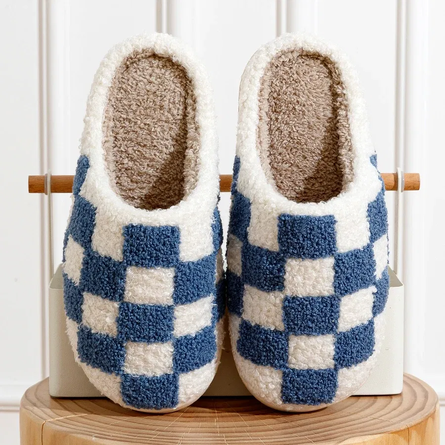 Color: Blue, Shoe Size: 39-40 - Fashion Retro Checker Women's Winter Warm Home Slippers Couple Indoor Bedroom Plush Anti-slip Soft Sole Leisure Shoes Men