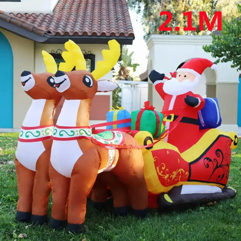 2.1M Christmas Inflatables Decoration Santa Claus Riding Sled Reindeer Inflatables Indoor Outdoor Decoration Garden Party Decor