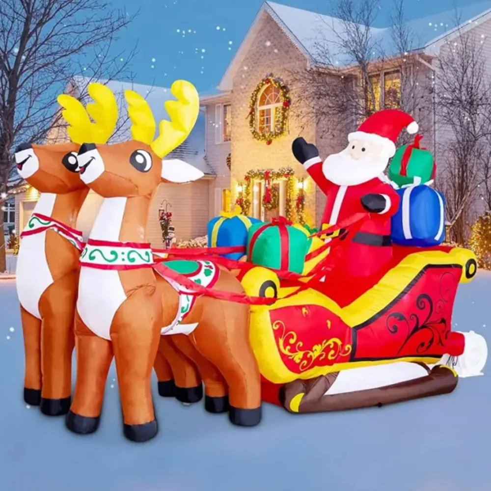 2.1M Christmas Inflatables Decoration Santa Claus Riding Sled Reindeer Inflatables Indoor Outdoor Decoration Garden Party Decor
