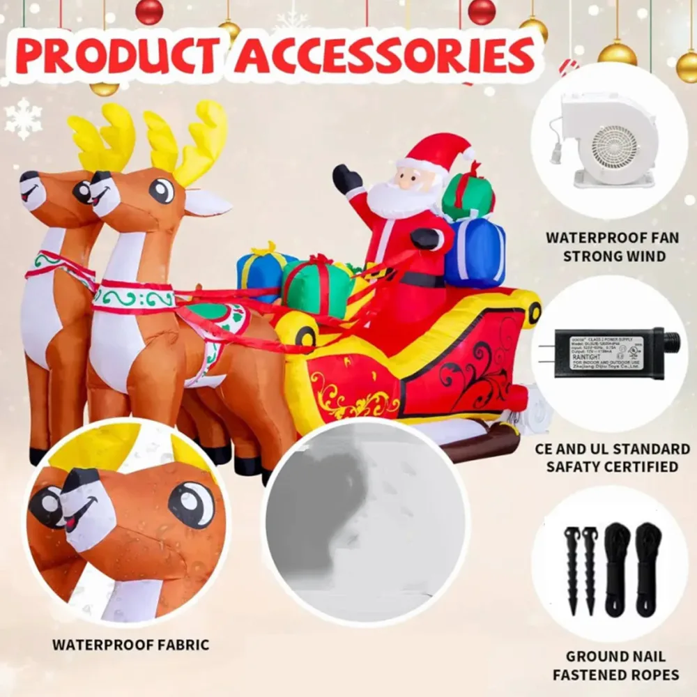 2.1M Christmas Inflatables Decoration Santa Claus Riding Sled Reindeer Inflatables Indoor Outdoor Decoration Garden Party Decor