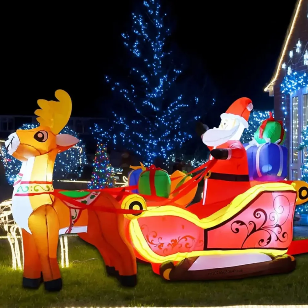 2.1M Christmas Inflatables Decoration Santa Claus Riding Sled Reindeer Inflatables Indoor Outdoor Decoration Garden Party Decor