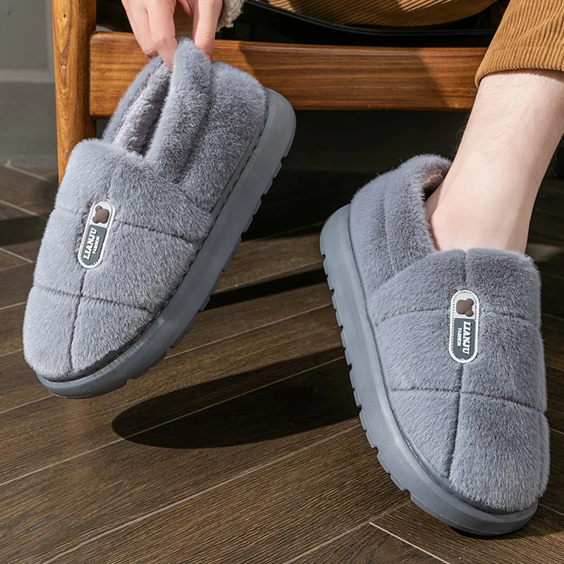 Color: WHITE, Shoe Size: 46-47 - Men's slippers Winter Solid Color Wrap Heels Plush Slippers Non-slip Warm Women Men Home Casual Cotton Shoes Big Size 50 51