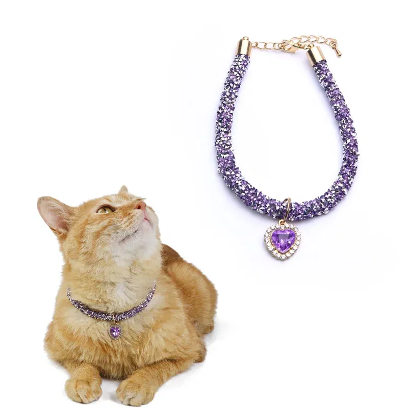 Color: Lavender, Size: M - Luxury Cat Collar with Heart Crystal Pendant Puppy Chihuahua Necklace Reflective Rhinestone Kitten Neck Strap Pets Accessories