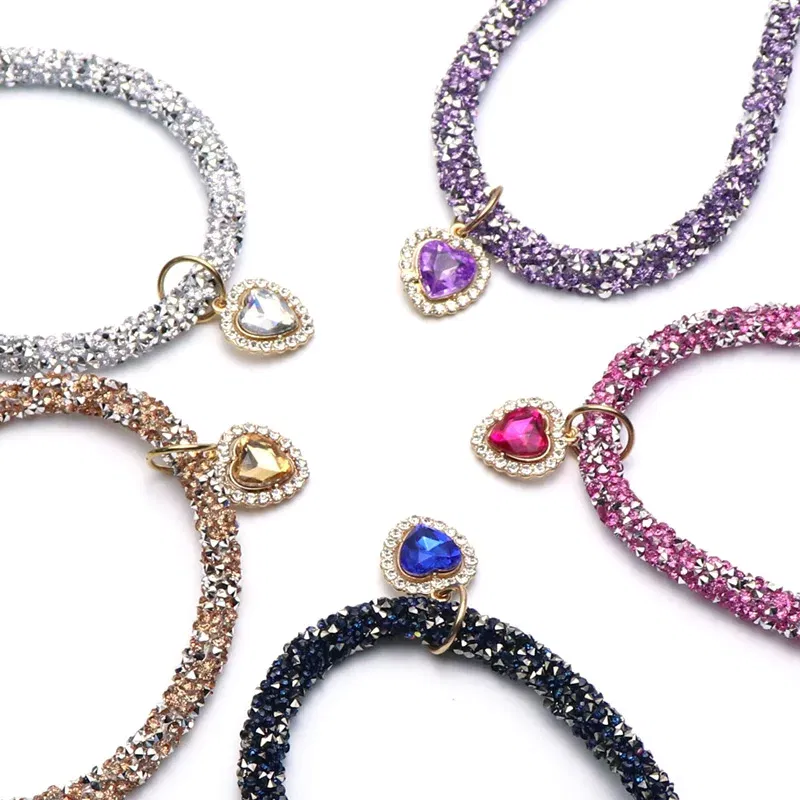 Color: Lavender, Size: M - Luxury Cat Collar with Heart Crystal Pendant Puppy Chihuahua Necklace Reflective Rhinestone Kitten Neck Strap Pets Accessories