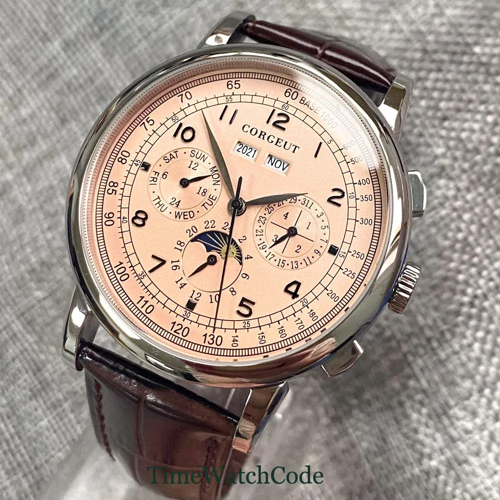 Color: grey - Corgeut 42mm Automatic Men's Watch Date Day Month Year Rose Gold Dial Multifunction 316L Leather Strap Polished Case Day Night