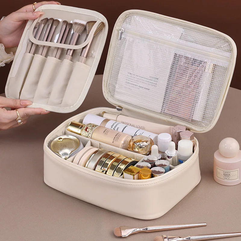 Color: Pink - PU Large Capacity Tote Makeup Bag Portable Travel Organizer Tolietry Cosmetic Storage Bag Luxury Women Double Layer Pouch