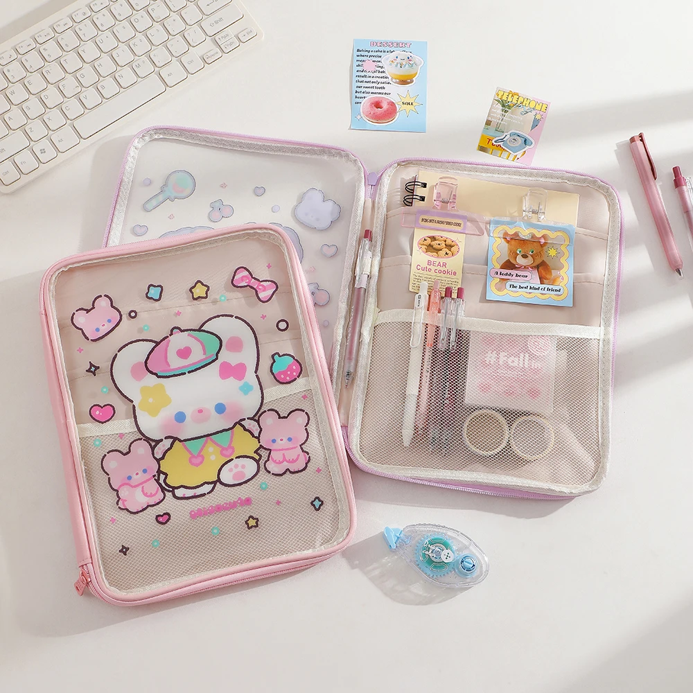 Color: Blue - Cartoon PVC Stationary Organzier Pouch Big Capacity Storage Pens Eraser Students Pencil Bags