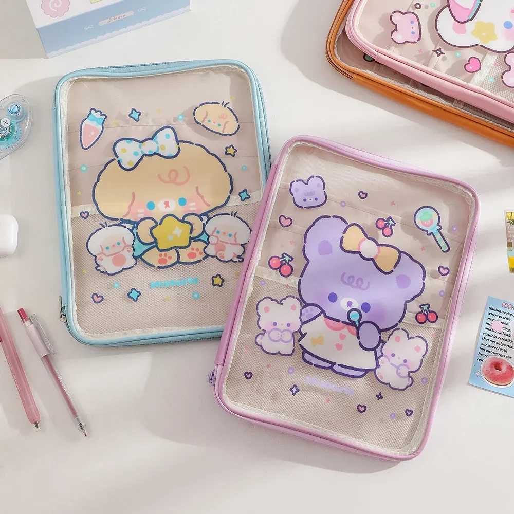 Color: Blue - Cartoon PVC Stationary Organzier Pouch Big Capacity Storage Pens Eraser Students Pencil Bags