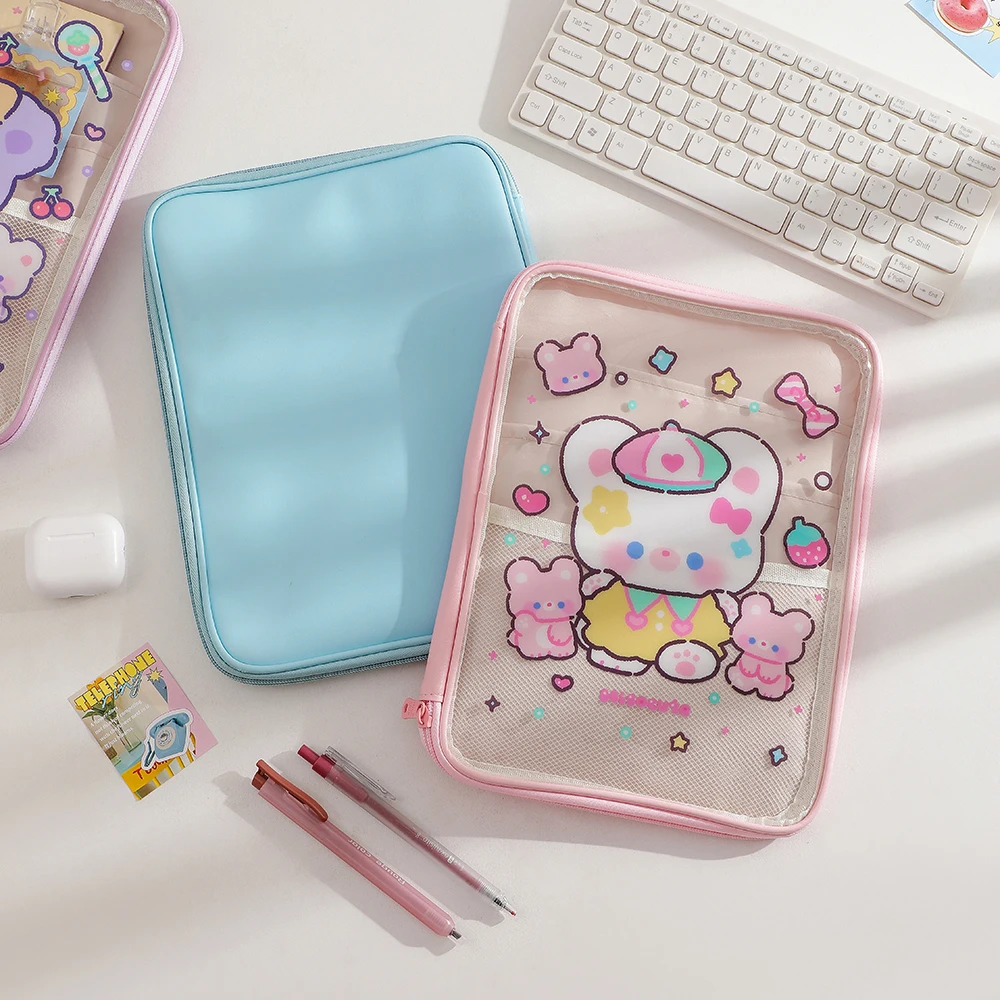 Color: Blue - Cartoon PVC Stationary Organzier Pouch Big Capacity Storage Pens Eraser Students Pencil Bags
