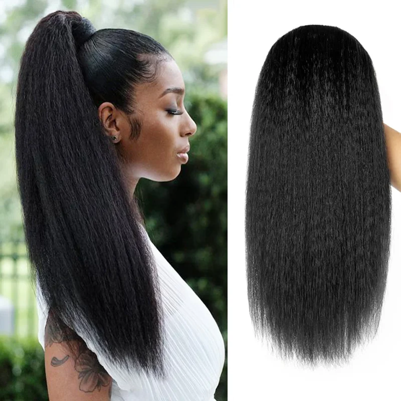 long Kinky Straight Wig Wear and Go Glueless Wigs Pre Plucked Pre Cut Yaki Synthetic Wigs for Black Women