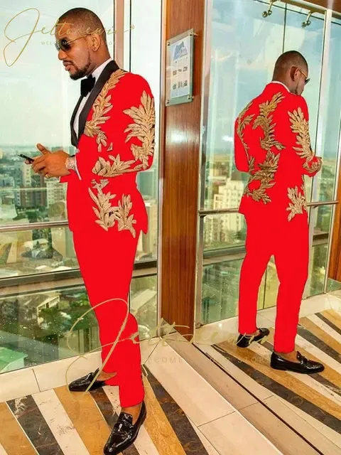 Color: Red, Size: XXXL - Luxury Groom Wedding Tuxedos Gold Sequins Appliques Black Men Suits Slim Fit Costume Homme Marriage Prom Suits