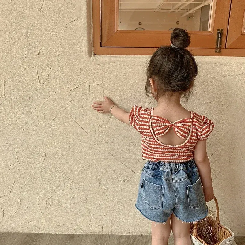 Color: Beige, Kid Size: 2T - 2024 Summer Baby Girls T-shirts Kids Girl Striped Puff Short-sleeve Tops Fashion Bowknot Backless Children Clothing Toddler Tees