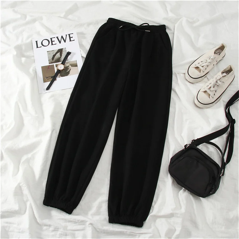 Color: black, Size: L - Gray women Sweatpants Autumn New Baggy Fashion Oversize Sports Pants Black winter thick Joggers Streetwear Trousers