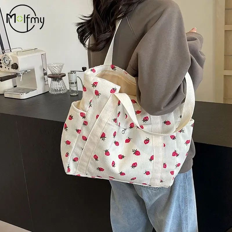 Color: SKY BLUE - Strawberries Corduroy Handbag Sweet Women's Bag Fashionable Versatile Shoulder Bag Beautiful Simple Commuter Women's Tote Bags