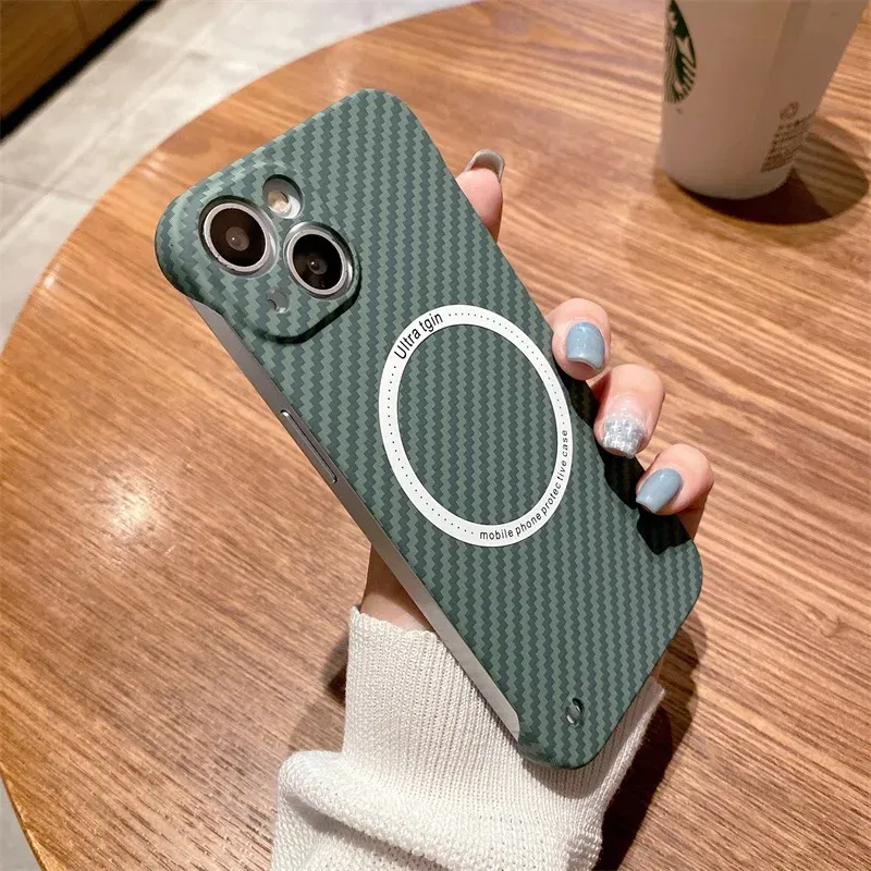 Color: green, Material: Plastic - Luxury Carbon Fiber for iPhone 11 14 Plus 12 13 Pro Max Magsafe Case Magnetic Wireless Hard Thin Slim Cover for iPhone 13 14 Max